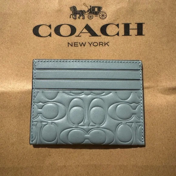 Coach NWT Embossed Calf Leather Slim Card Case Sage Green - Picture 2 of 5